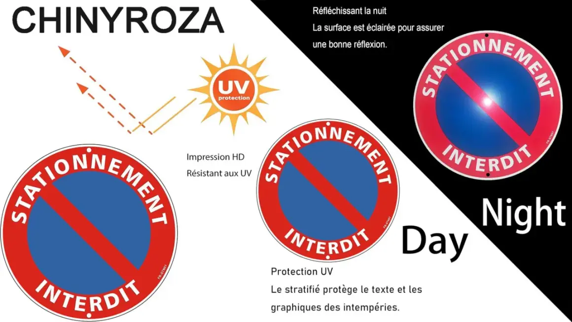 Panneau interdiction de stationner, résistant aux UV et réfléchissant la nuit pour une meilleure visibilité.