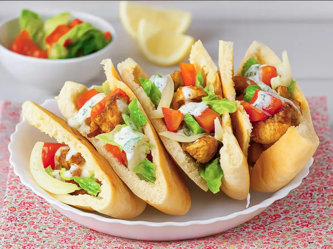 Cinco deliciosos panes de pita rellenos de pollo crujiente, lechuga, tomate y aderezo cremoso.