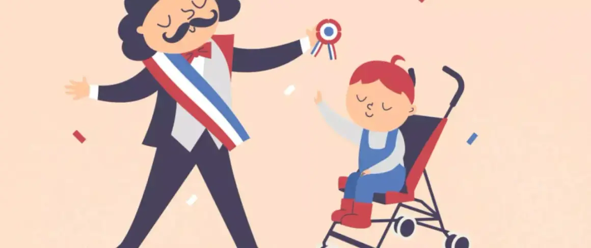 Célébration d'un baptême civil : un maire avec écharpe tricolore offre une médaille à un enfant en poussette, entourés de confettis. Le parrain et la marraine sont symbolisés.