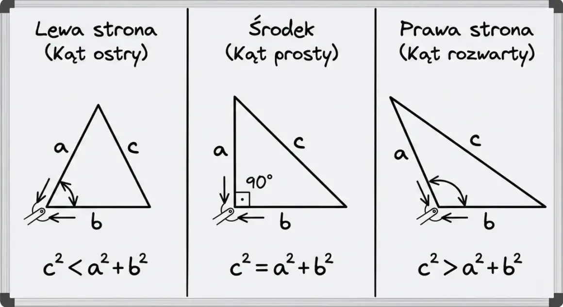 Trójkąt rozwartokątny po prawej stronie ma kąt rozwarty, a jego wzór to c² > a² + b².