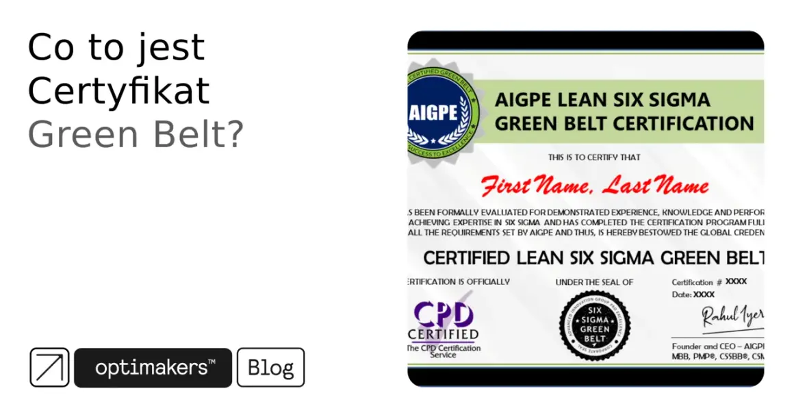Certyfikat AIGPE Lean Six Sigma Green Belt z pieczęciami CPD i Advanced Innovation Group.