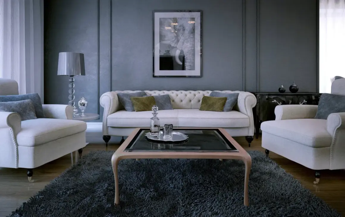 Eleganckie połączenie złota i srebra w salonie: biała sofa, fotele, stolik kawowy i dekoracje tworzą luksusową atmosferę.