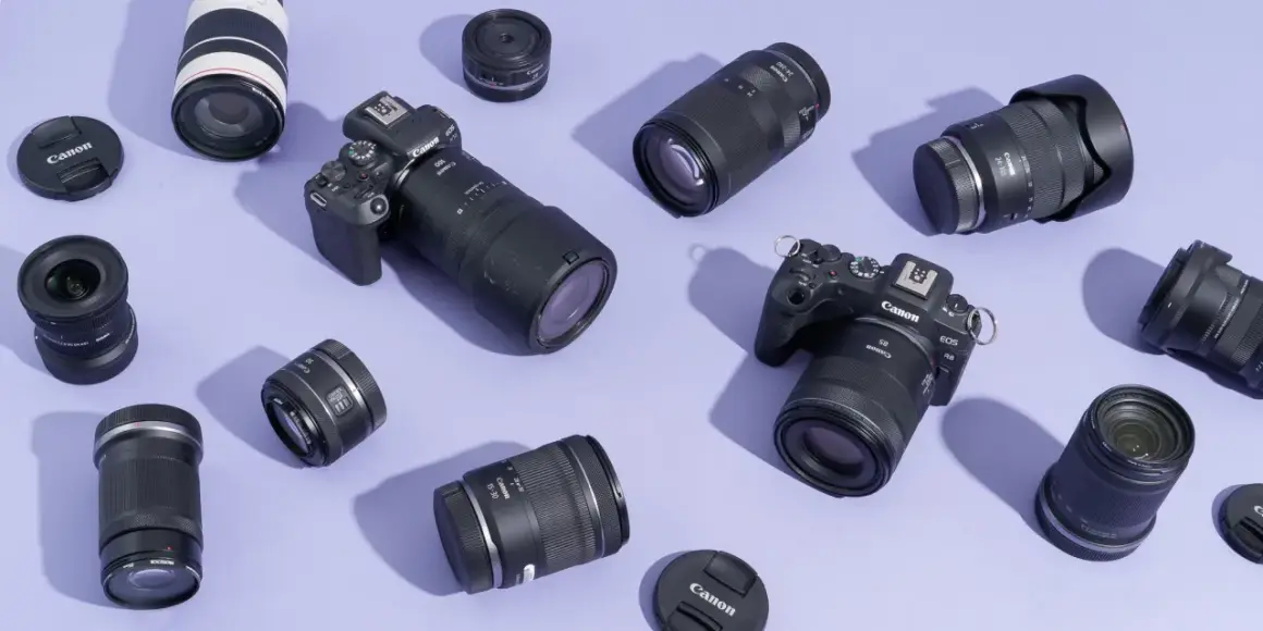 A collection of Canon EOS R cameras and various best L series lenses, including zooms and primes, are artfully arranged on a lavender background.