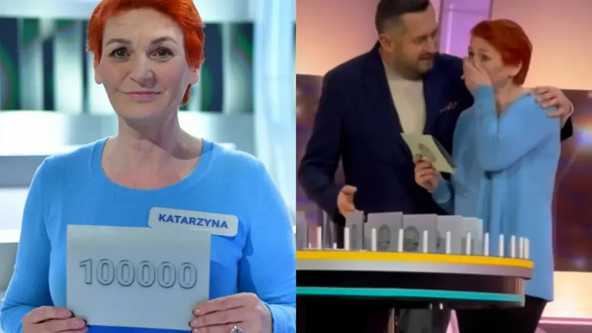 Kobieta z imieniem Katarzyna trzyma kartkę z napisem 100000, obok mężczyzna ją obejmuje.