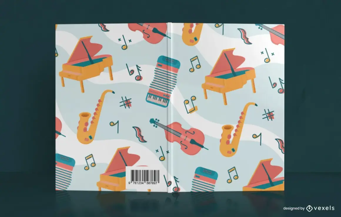 Patrón de instrumentos musicales y notas, ideal para ideas de portadas de música.