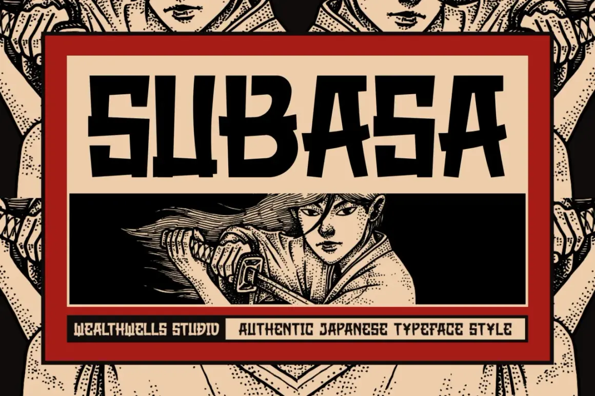 SUBASA" in a bold, japanese looking font above a warrior with a sword. Authentic Japanese typeface style.