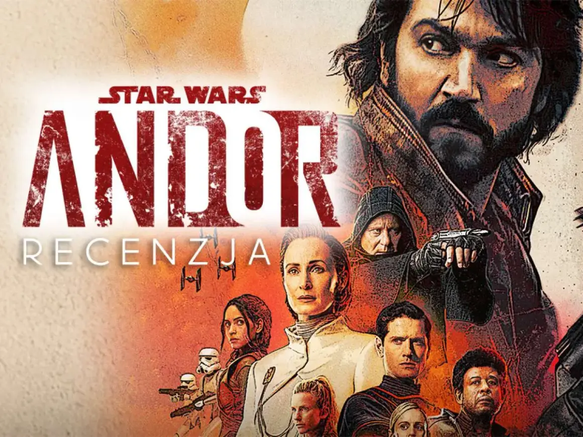 Plakat serialu Star Wars: Andor. W centrum Cassian Andor, obok niego inne postacie, w tym Mon Mothma. Napis "RECENZJA".