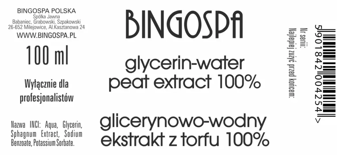 BINGOSPA 100 ml, glicerynowo-wodny ekstrakt z torfu 100%. Dla profesjonalistów.
