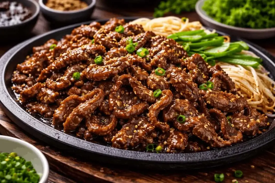 En stor portion saftig, marinerad biff med sesamfrön och salladslök, perfekt för ett bulgogi recept. Serveras med nudlar och grönsaker.