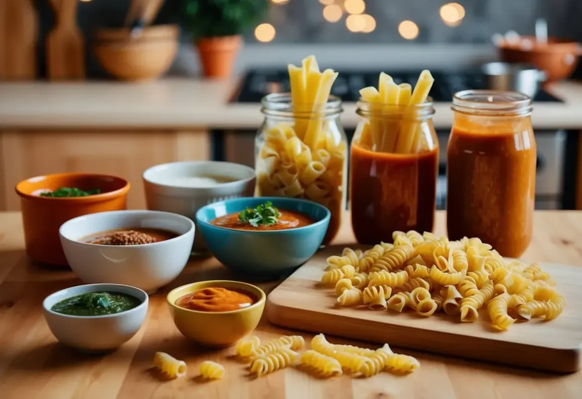 En härlig samling av olika pastasorter och såser, redo att bli en utsökt måltid. En perfekt pasta sorter-upplevelse.