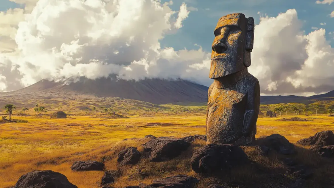 Un moái solitario vigila la Isla de Pascua, con un volcán cubierto de nubes al fondo y palmeras dispersas en el paisaje dorado.