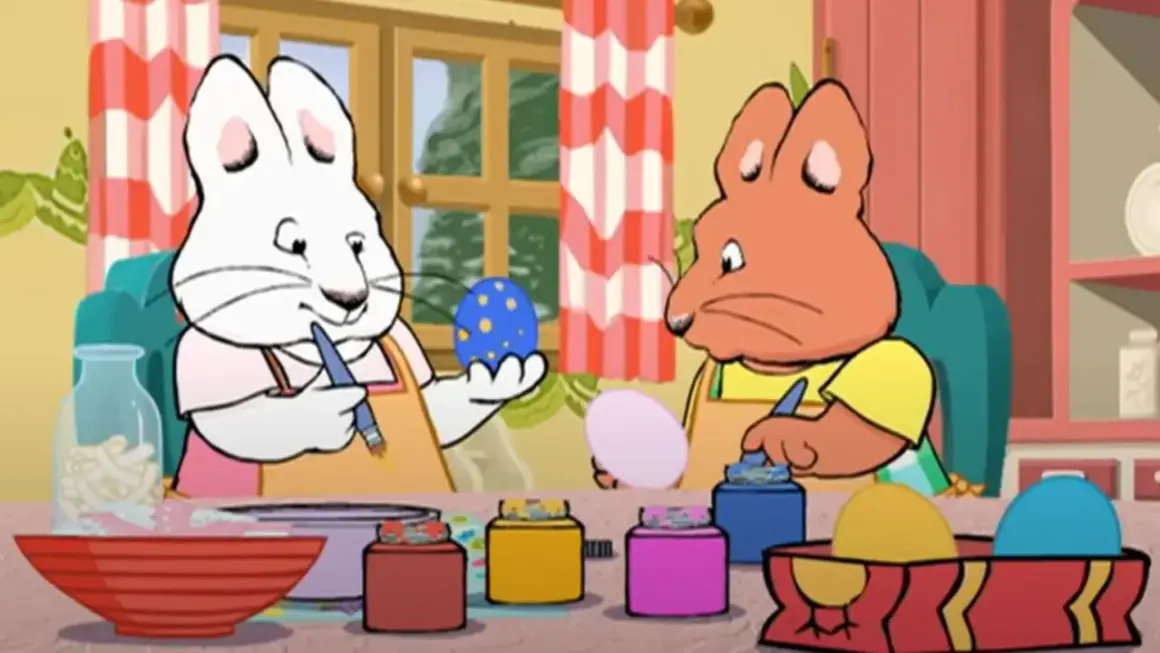 Max i Ruby malują pisanki, jak od kiedy bajki dla dzieci pokazują ich wielkanocne tradycje.