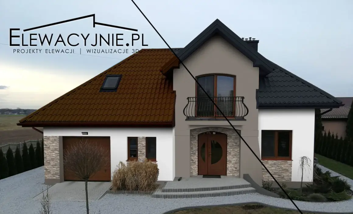 Wizualizacja 3D porównująca kolor dachu i elewacji: brązowa dachówka i jasna ściana vs. czarna dachówka i grafitowo-biała elewacja.