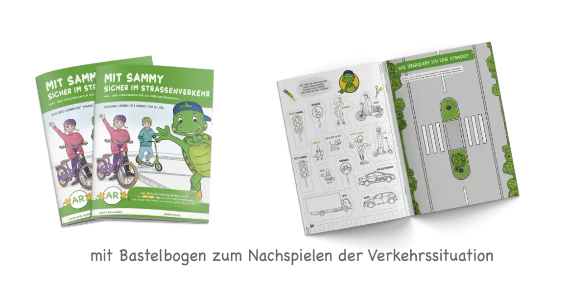 Bücher und Bastelbogen zur Verkehrserziehung im Kindergarten mit Schildern, Ampeln und Fahrzeugen.