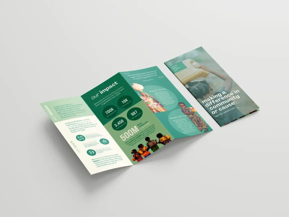 A trifold brochure design showcasing impact statistics, beneficiary stories, and organizational mission.