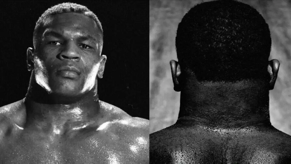 Split image of Mike Tyson. Left shows his face, right his back. Wonder how many squats did Mike Tyson do to build that physique.