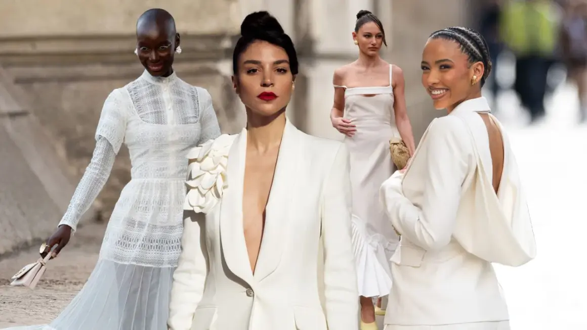 Vier Frauen in weißen Outfits, inspiriert von einer modernen Braut im Standesamt, Wintermode.