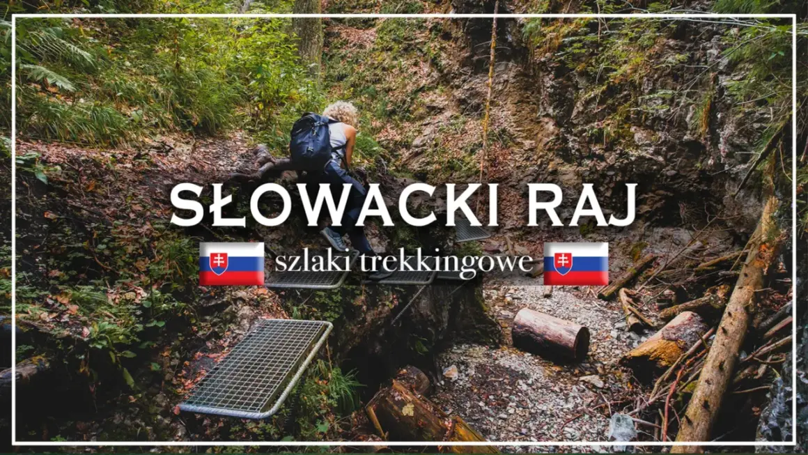 Turystka pokonuje trudny szlak w Słowackim Raju, używając drabin i klamer.