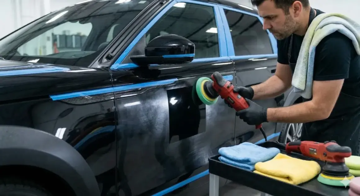 Un homme polit une voiture noire avec une polisseuse. Le travail est soigné, comme un ordre de réparation pour un véhicule de luxe.