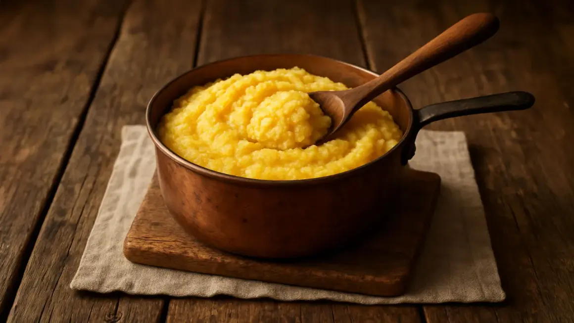 Cazuela de cobre con polenta a la plancha, lista para servir. Una cuchara de madera reposa sobre la cremosa polenta dorada.