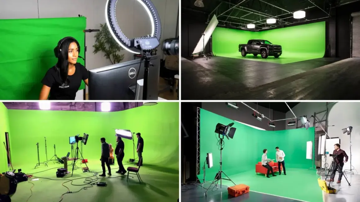 Various setups showcase professional lighting for green screen studios, from a streamer with a ring light to a car shoot and interview scenes.