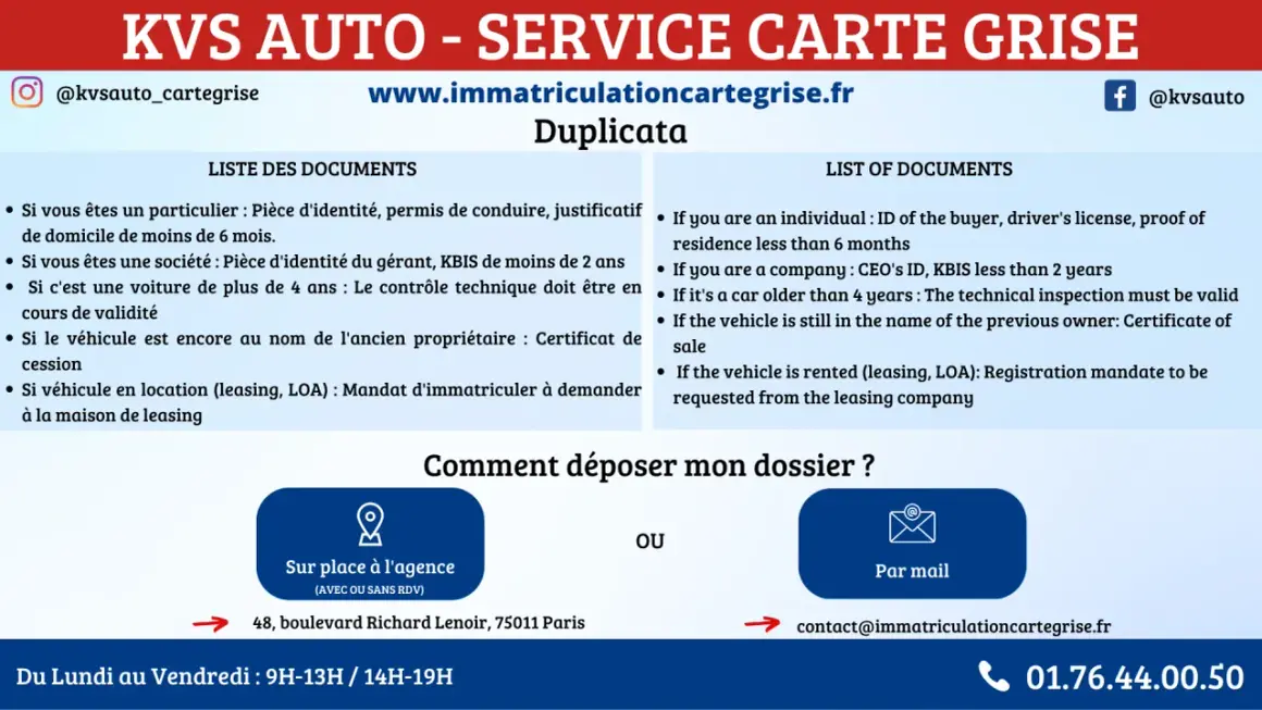 KVS AUTO propose un service carte grise. Découvrez la liste des documents nécessaires pour votre duplicata. Le prix de la perte de carte grise est abordé.