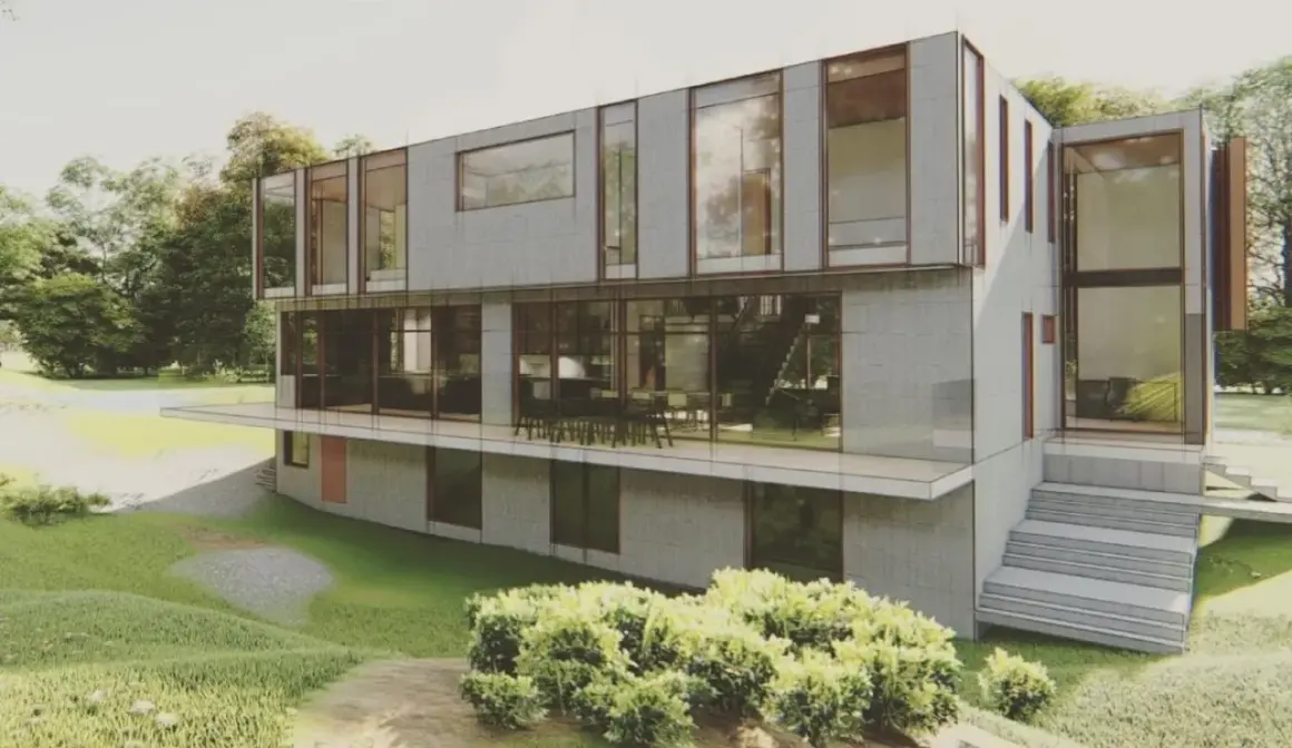 Modern architect's home in the ravine, featuring glass walls and cantilevered levels, nestled amongst lush greenery.