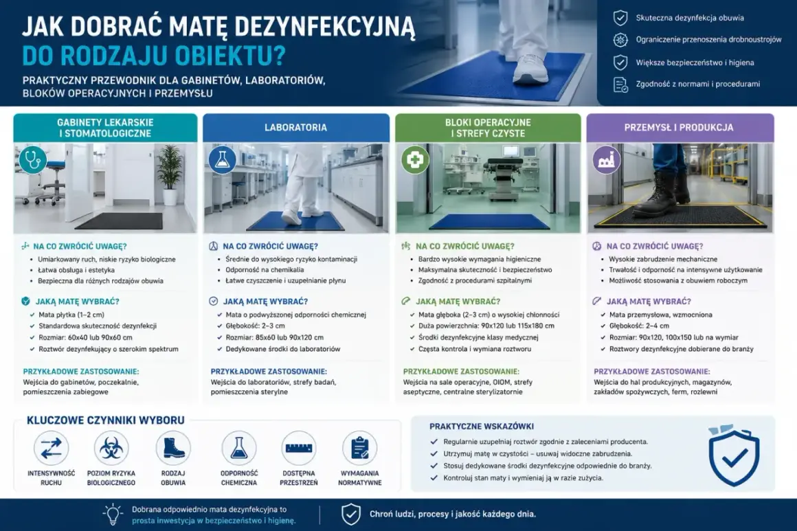 Jak sprzedawać maty dezynfekcyjne? Przewodnik po doborze maty do gabinetów, laboratoriów, bloków operacyjnych i przemysłu.