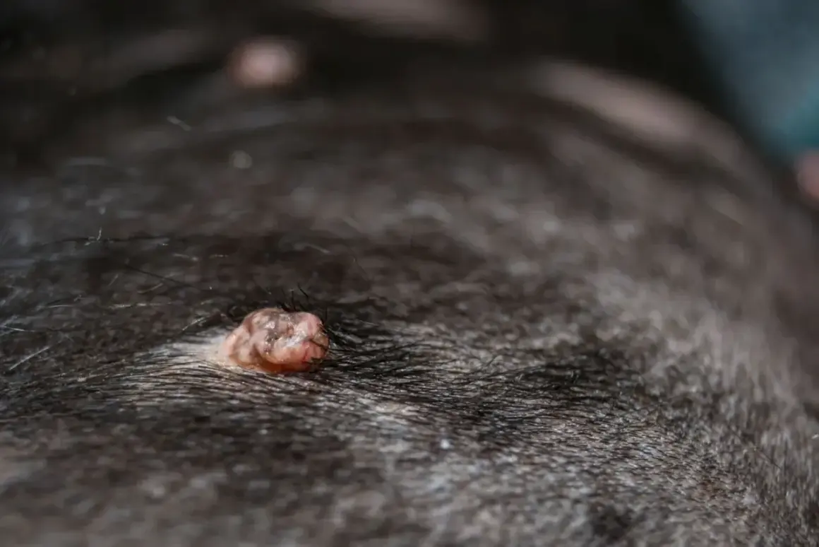 Gros plan sur des verrues sur la peau d'un chien. Ces photos de verrues de chien montrent des excroissances cutanées.