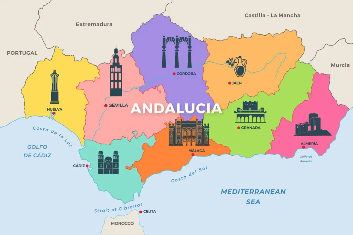Mapa de Andalucía con sus provincias y monumentos icónicos. Descubre la tarifa como llegar a cada destino.