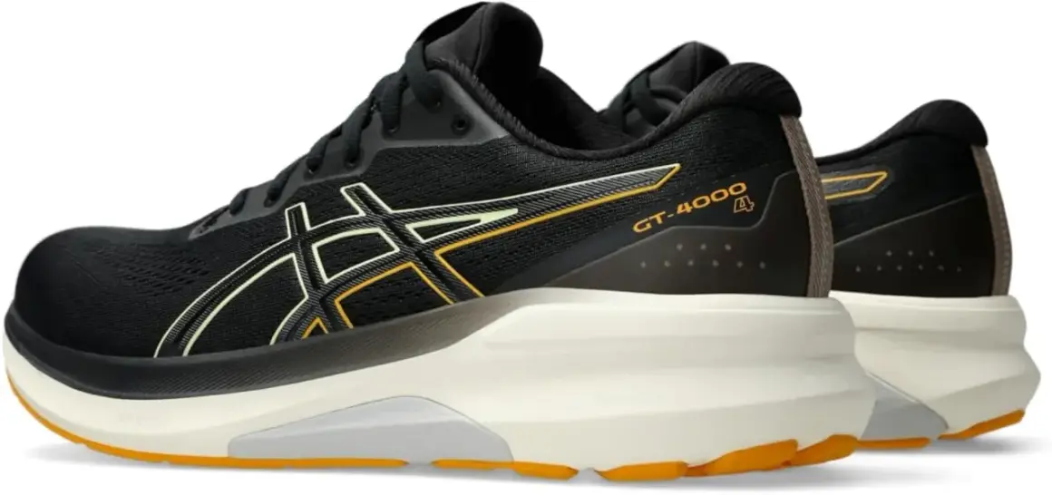 Czarne buty sportowe Asics GT-4000 z żółtymi i jasnożółtymi detalami, idealne do biegania.
