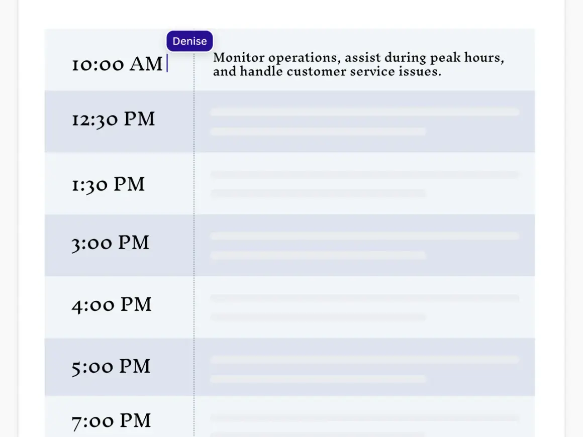Agenda del día de Denise: monitorear operaciones, asistir en horas pico y manejar servicio al cliente.