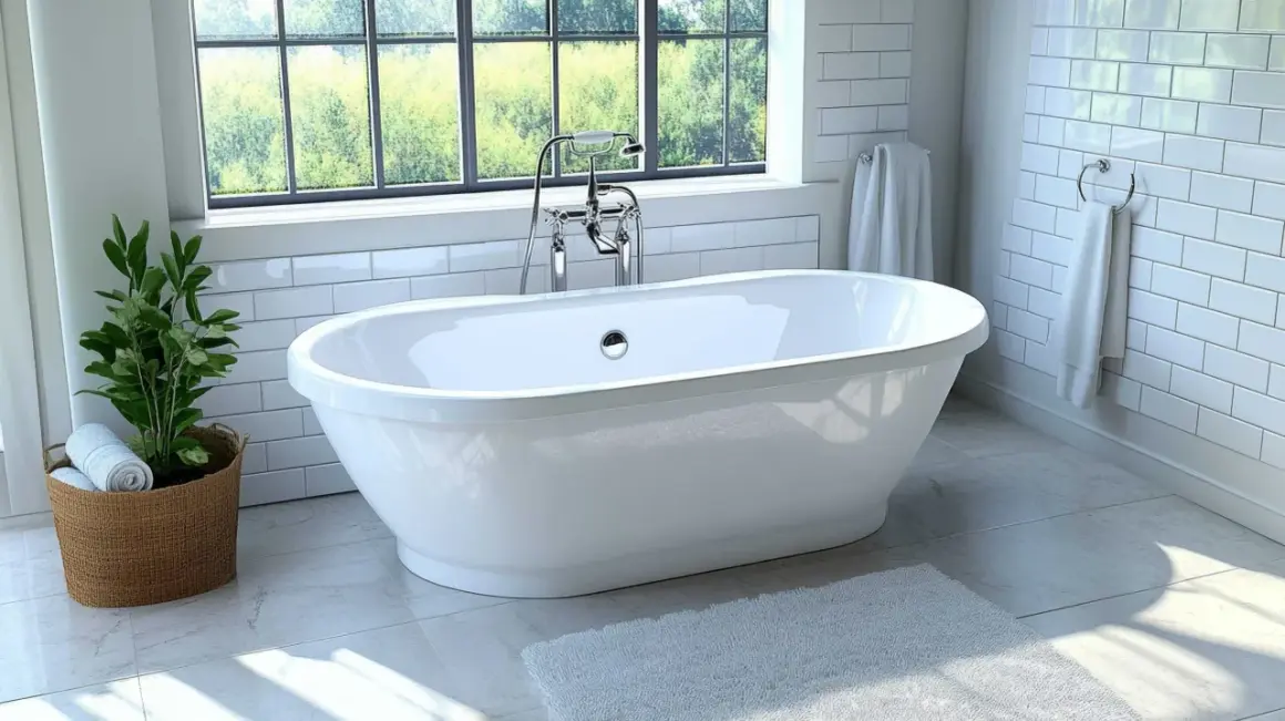 Baignoire îlot blanche, robinetterie chromée, devant une grande fenêtre avec vue sur la verdure. Une plante et des serviettes complètent cette pose baignoire semi ilot.