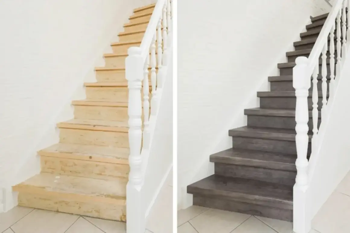Vorher/Nachher-Vergleich: Alte Holztreppe wird mit dunklen Stufen und weißem Geländer zu modernen **Treppen renovieren Ideen**.