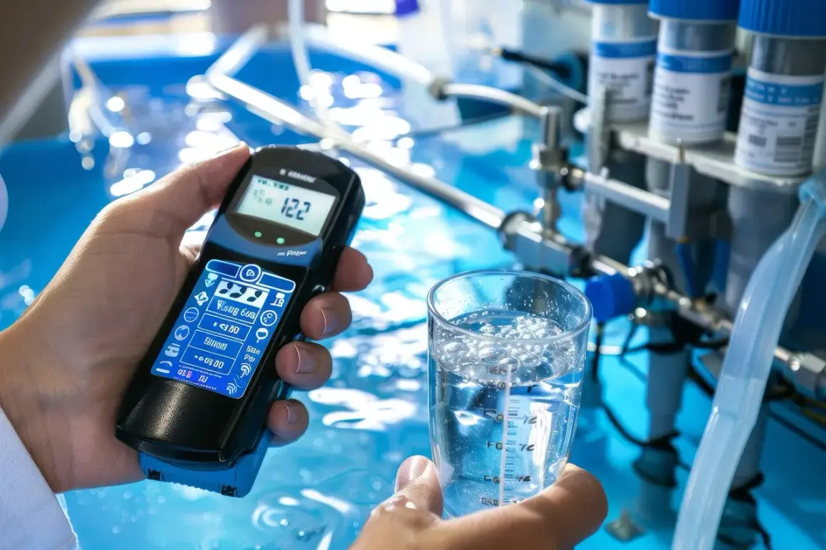 Analyse de la qualité de l'eau potable à Rouen. Un appareil de mesure est tenu au-dessus d'un verre d'eau.