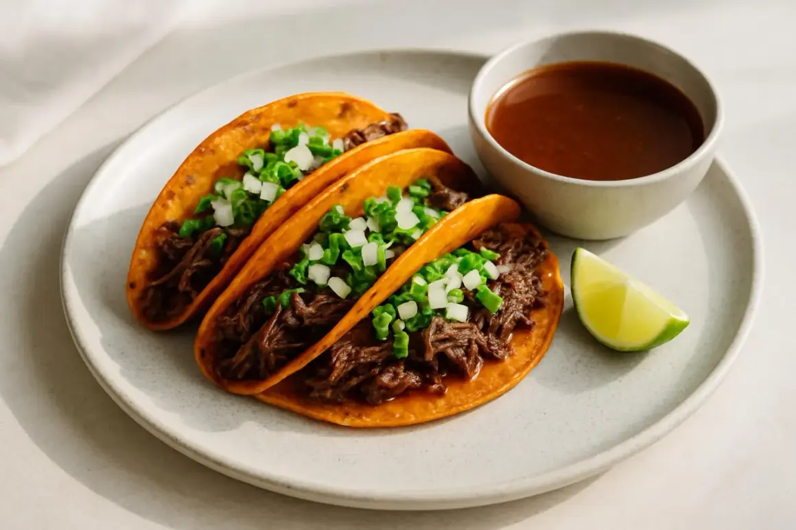 Tre saftiga el birria tacos med lök och koriander, serverade med en skål consommé och en limeklyfta.