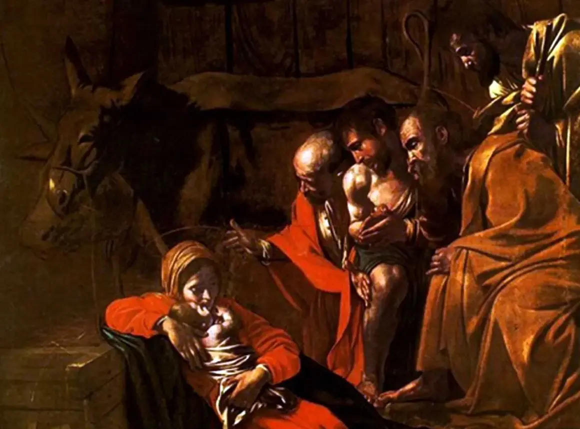 Caravaggio's masterful chiaroscuro illuminates a tender scene: Mary cradles the infant Jesus, while onlookers gaze in awe.