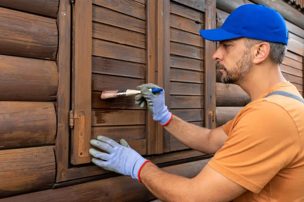 Uomo con cappellino blu e guanti blu effettua la verniciatura persiane in legno scuro, rinnovando la facciata di una casa in tronchi.