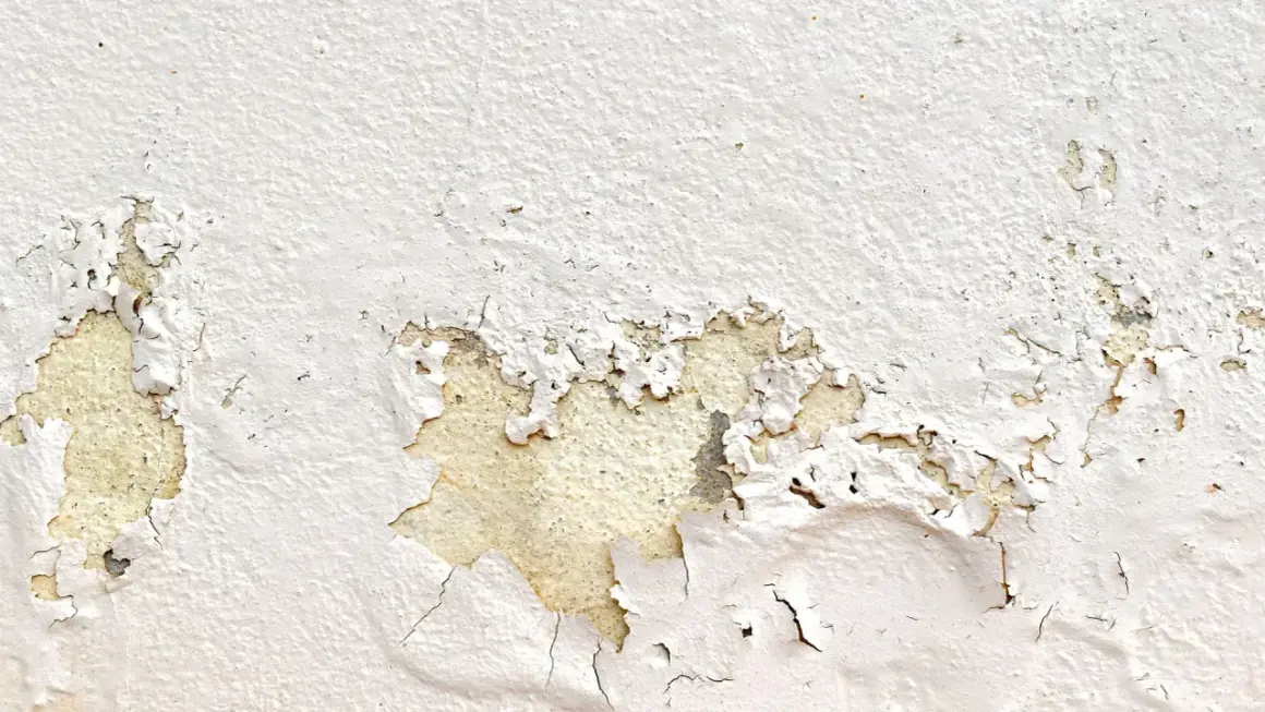 Dettaglio di una parete con pittura che si stacca, mostrando aree scrostate e la texture sottostante. Ideale per chi cerca come togliere pittura che si stacca.