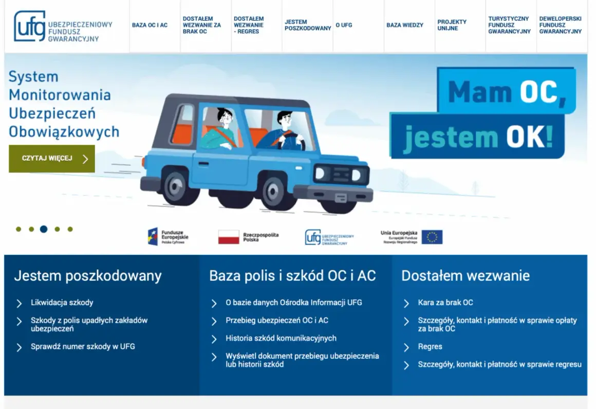 Niebieski samochód z dwiema postaciami, napis "Mam OC, jestem OK!" i logo UFG.