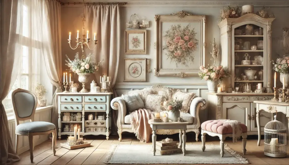 Salotto in stile shabby chic con divano imbottito, cassettiera azzurra, quadri floreali e candele accese.