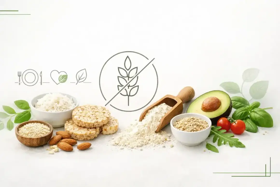 Kompozycja produktów idealnych na dieta bezglutenowa: ryż, kasza, migdały, mąka, awokado, pomidorki i zioła.