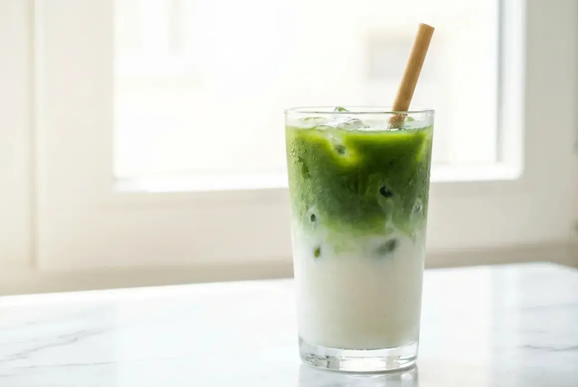Un verre de matcha latte glacé avec une paille en bambou, parfait pour savourer son goût unique.