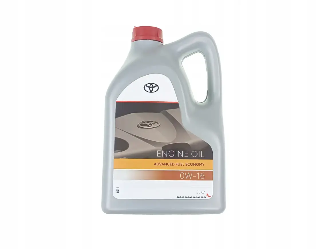 Szara butelka oleju silnikowego Toyota 0W-16 o pojemności 5L.