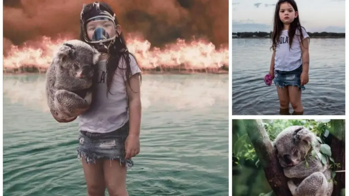 Barn med gasmask och koala framför skogsbrand. En annan bild visar ett barn vid vatten. Dessa är fake bilder.