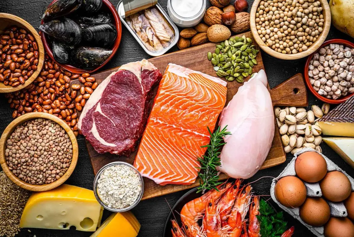 En variation av proteinrika livsmedel som biff, lax, kyckling, räkor, ägg, nötter, frön, bönor och ost. Bra för att planera hur mycket protein per dag.