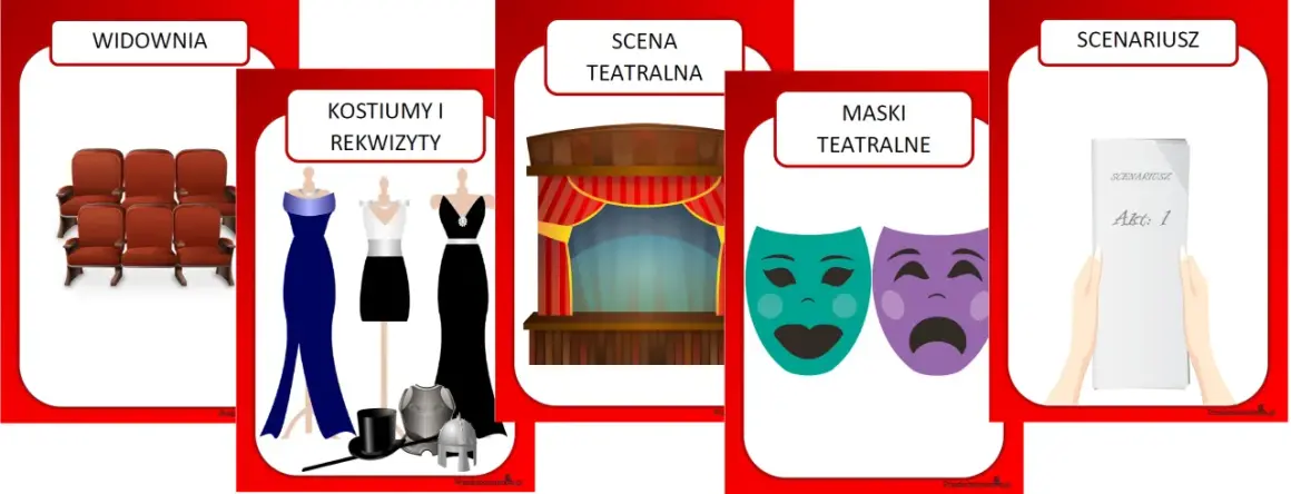 Karty pracy dla przedszkola: widownia, kostiumy, scena, maski i scenariusz.