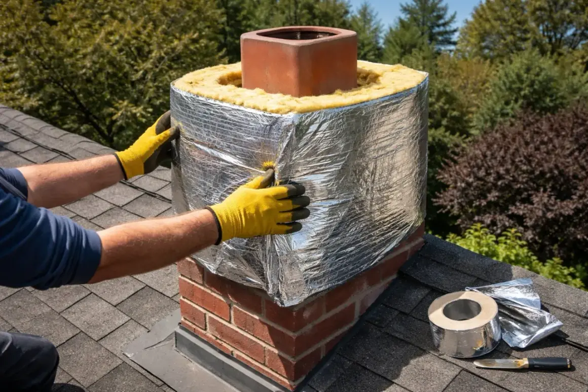 Installation d'isolant autour du conduit de cheminée en brique. Les mains gantées ajustent le matériau réfléchissant.