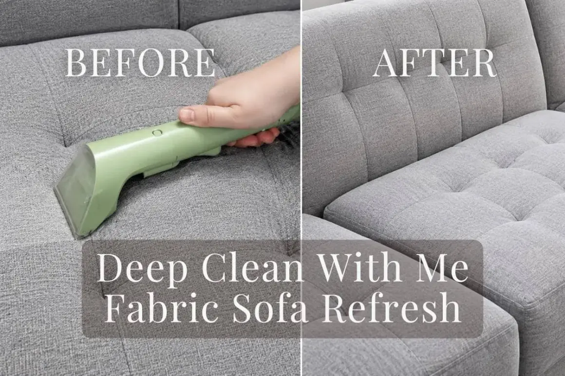 Before and after of a grey fabric couch being deep cleaned with a handheld upholstery cleaner.