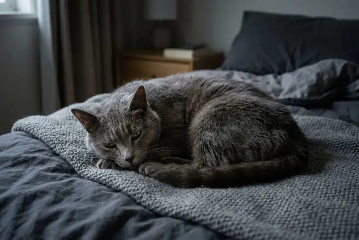 Un chat gris, d'ordinaire si vif, semble soudainement apathique, lové sur un lit sombre.